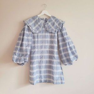 Ghospell Mini Smock Dress with Oversized Collar in Blue Check NWT